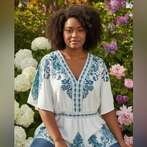 BLOOMCHIC RUFFLE SHORT SLEEVE TEAL & WHITE BANDANA PRINT V-NECK BLOUSE SZ 18-20